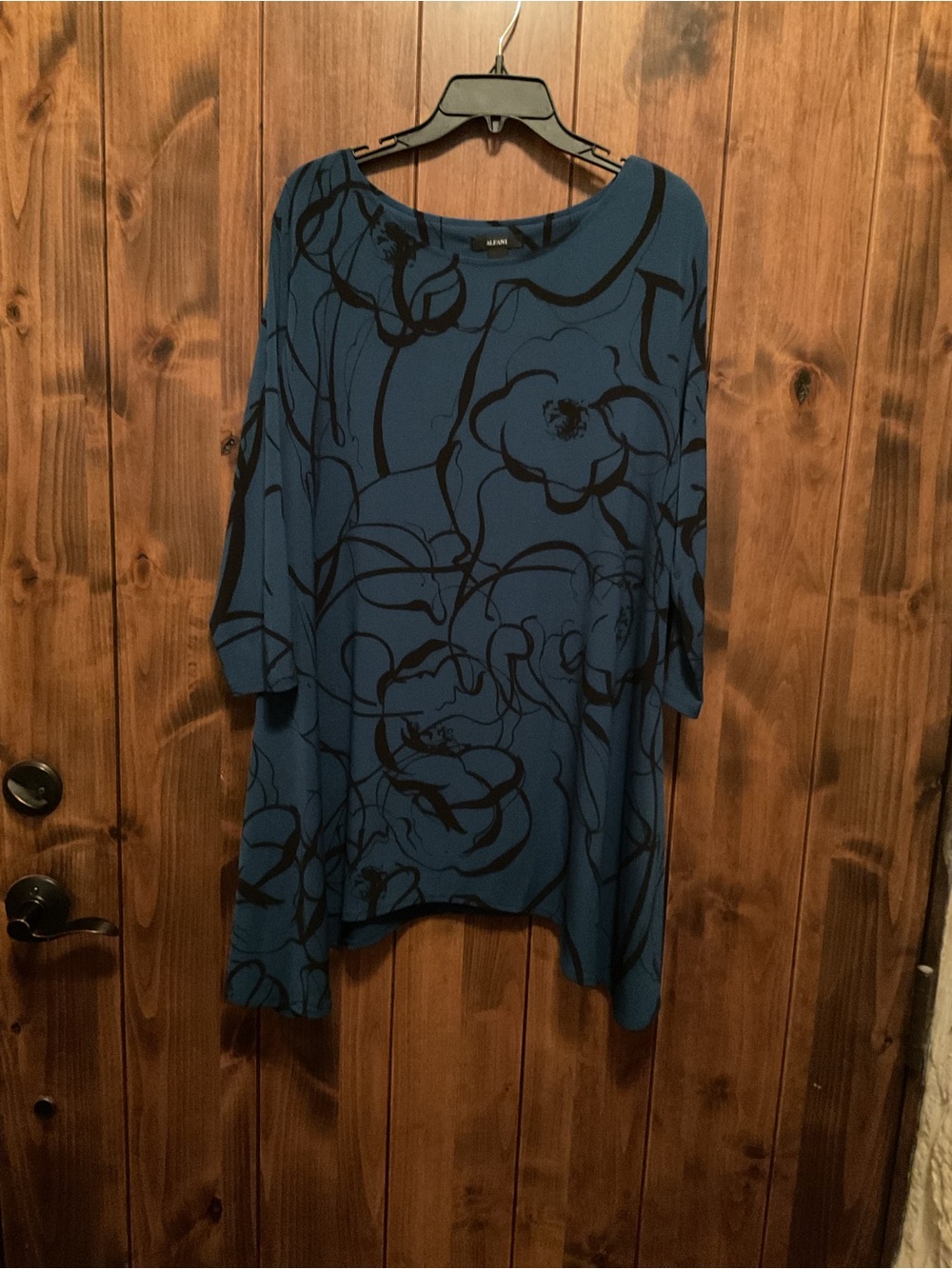 Alfani Teal Blue Floral Boatneck Tunic with Black Print